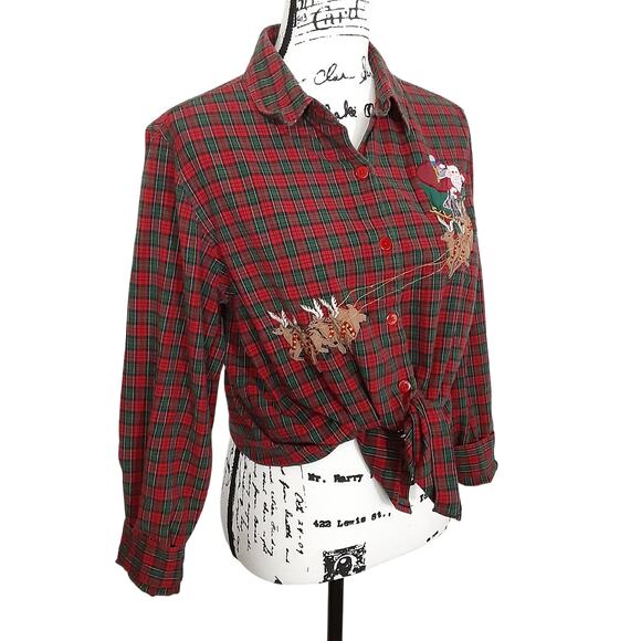 Vintage 90s Santa Claus Embroidered Button Up Shirt Red Plaid Christmas Womens L - Picture 2 of 11